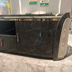 Luxury TV Stand with Dark Natural Wood Veneer Marble Top Embossed Side Panels and Stainless Steel Handles